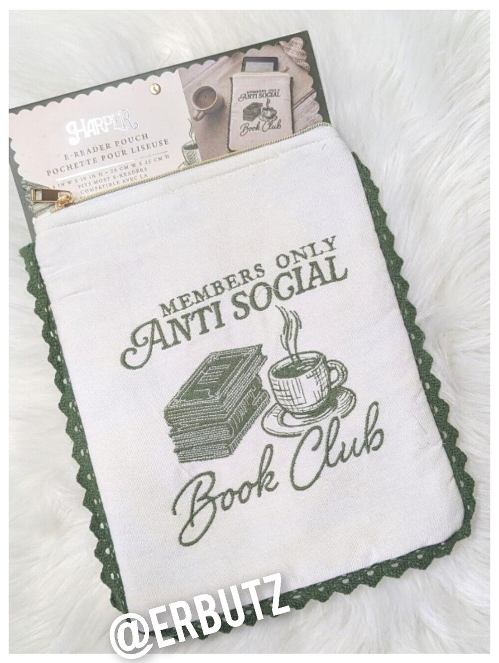 Harper ANTI SOCIAL BOOK CLUB Embroidered Library Card Cotton E-reader Pouch 📚☕